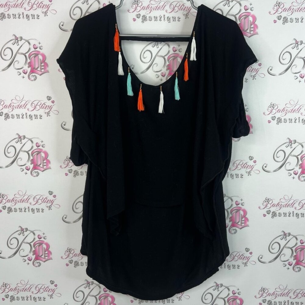 David and Young coverup dress beach flowy Black Top with Colorful Tassels